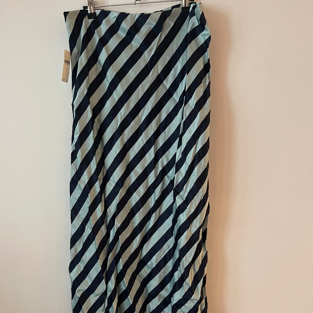 NWT Anthropologie Silk Navy and Teal Striped  Midi Skirt, size L